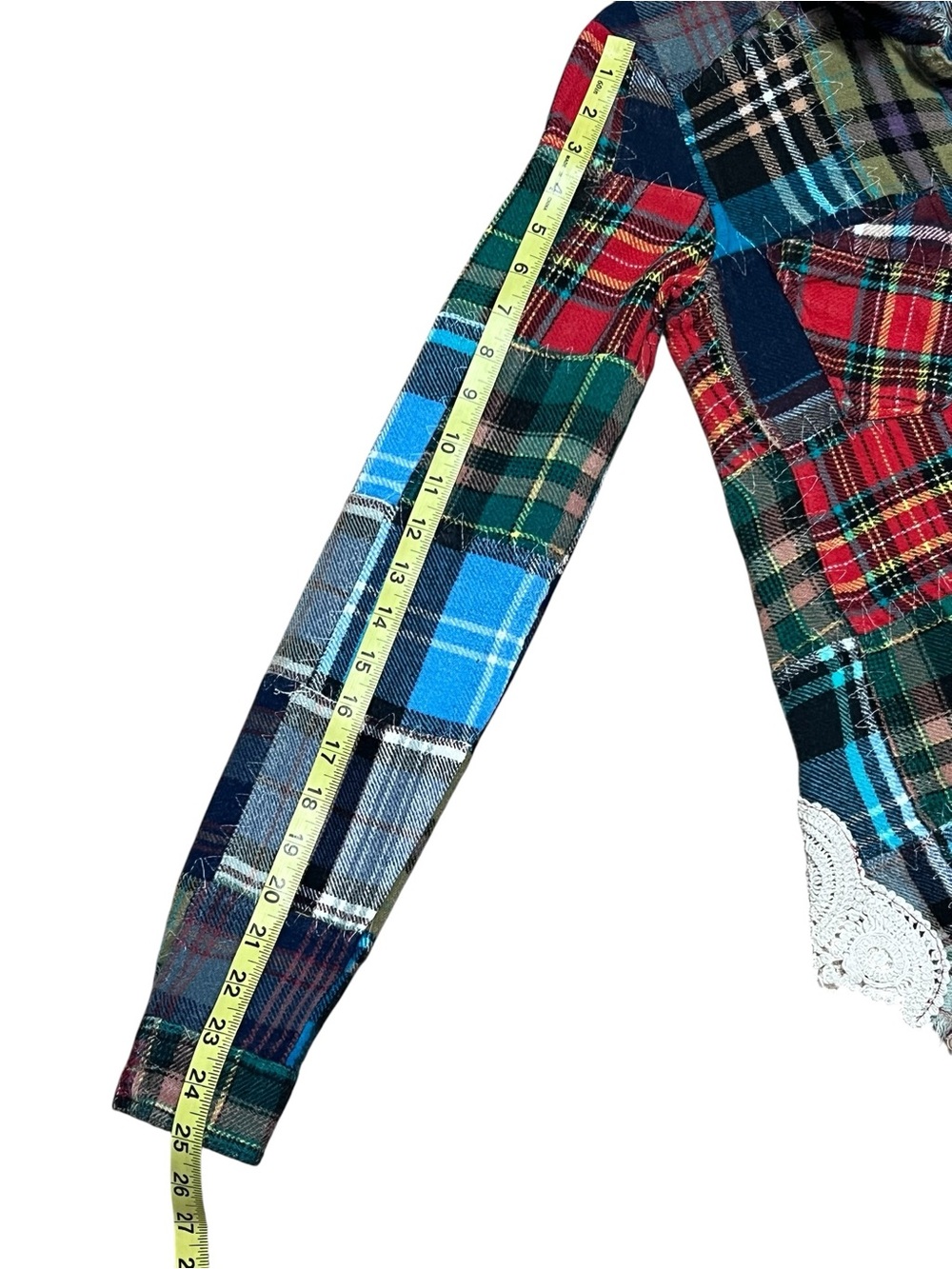 We The Free Flannel Patchwork Shirt XS Lost in Plaid Crochet Grunge Boho Frayed - Picture 13 of 16
